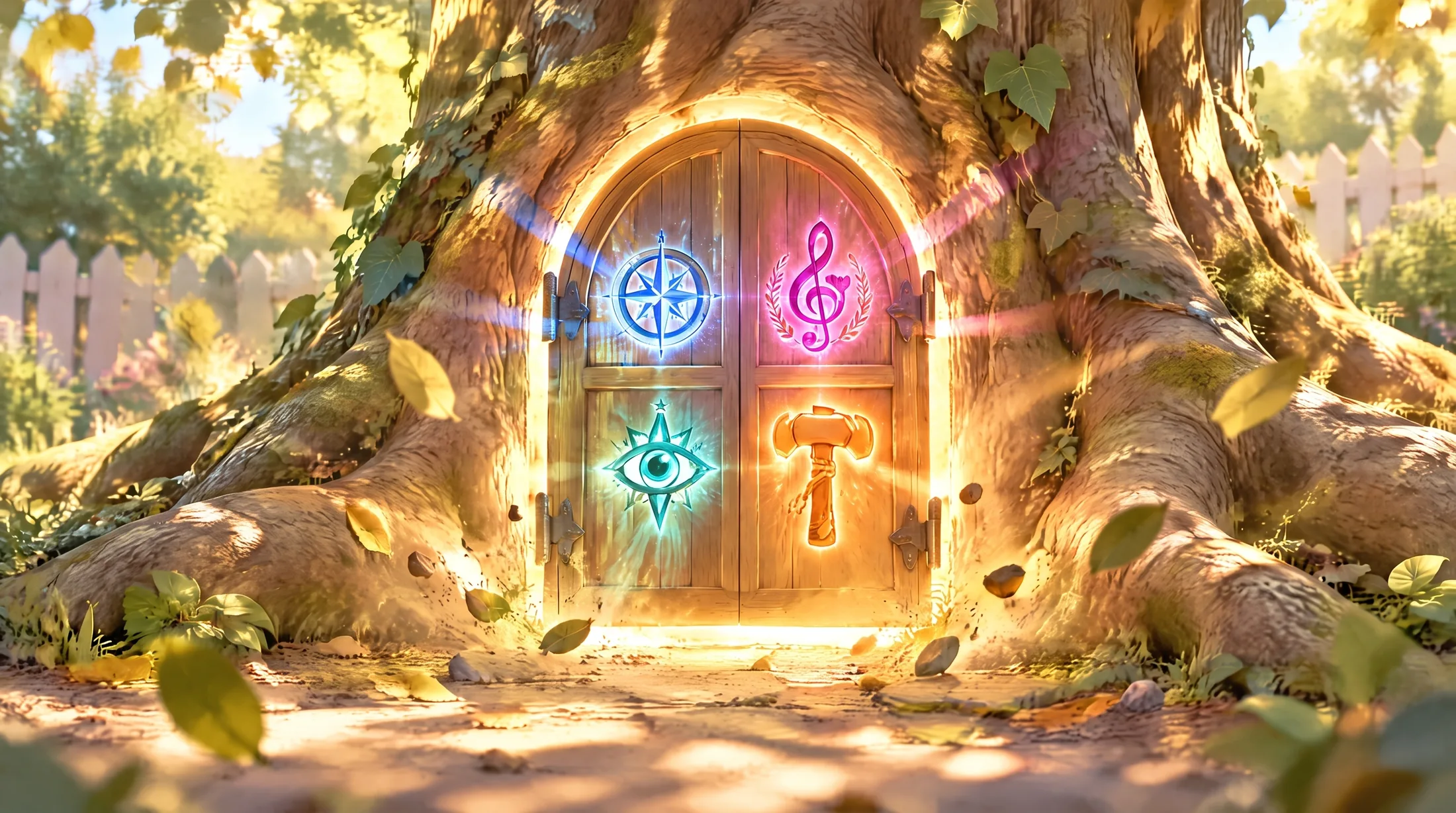 A small wooden door glowing inside an old tree, carved with four marks
